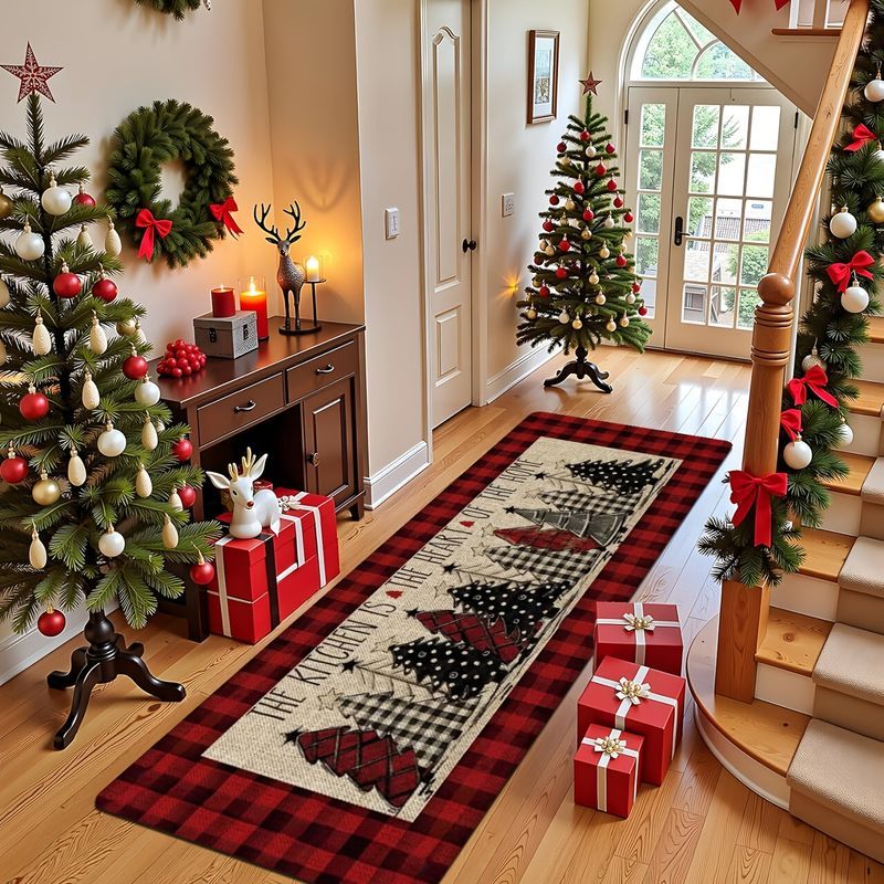 Commercial Kitchen Non Slip Flooring - Plaid Christmas Tree Star Long Runner